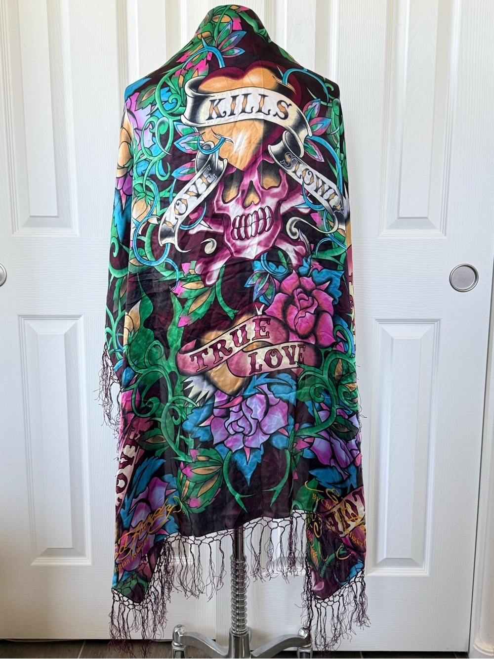 Ed Hardy by Christian Audigier silk scarf Love Kills Slowly vibrant tattoo art